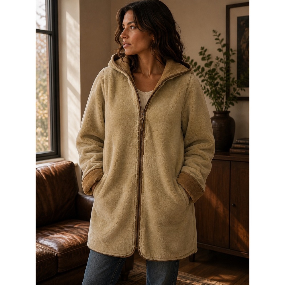 Winlit New York Reversible Genuine Leather Suede Faux Fur Hooded Coat Tan Medium